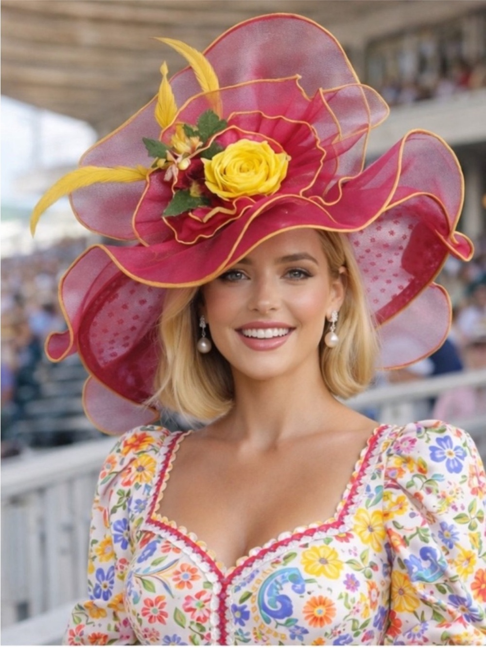 Kentucky Derby Hat Ky Oaks Organza Feather Pink Polka and Yellow Floral Hat